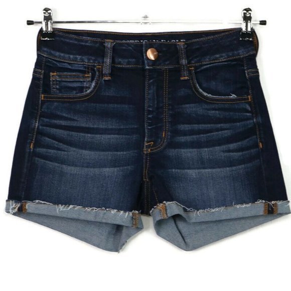 American Eagle Hi-Rise Shortie Super Stretch Cut Off Jean‎ Shorts Dark 4 - Picture 1 of 11